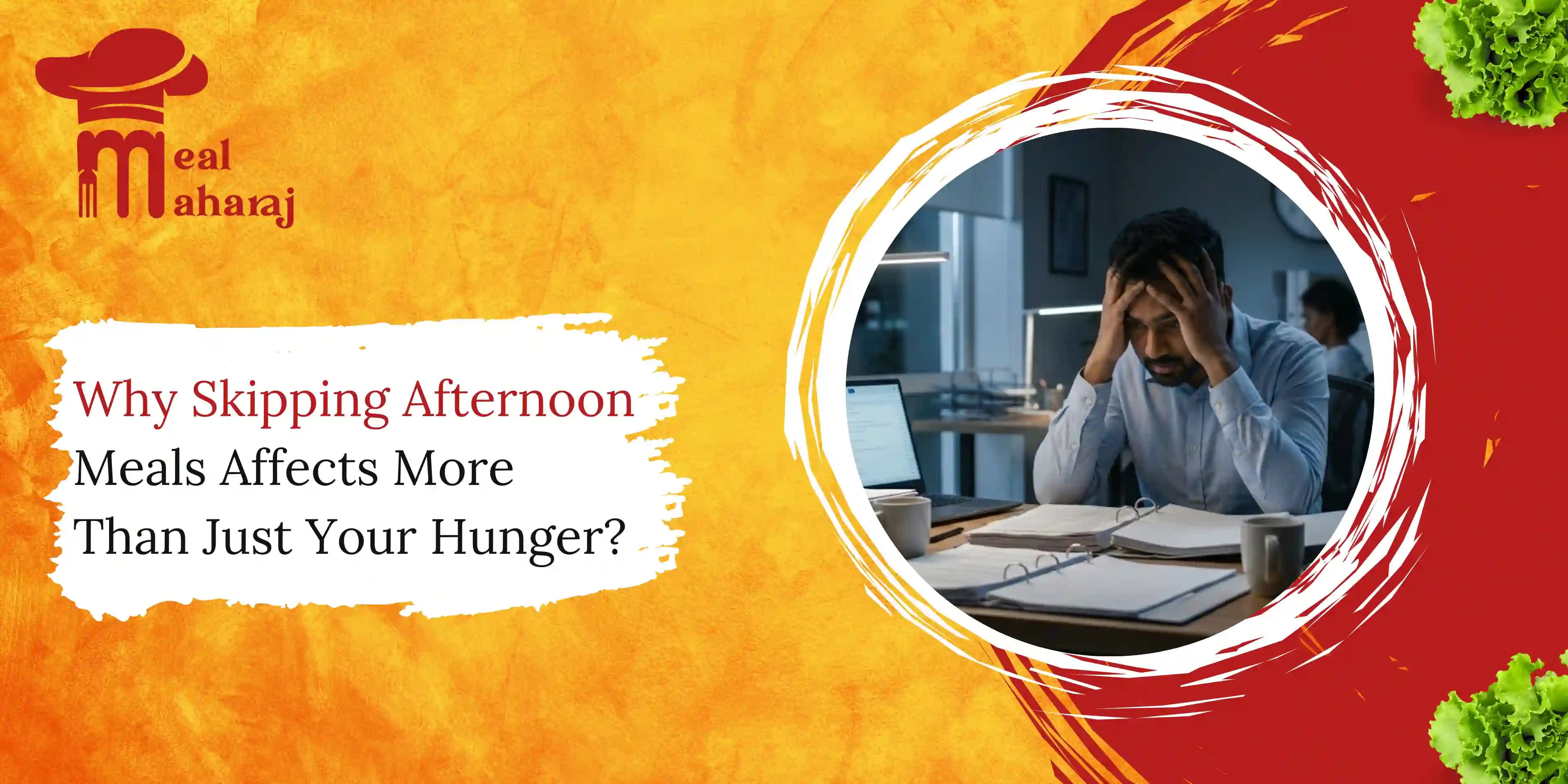 Office professional looking stressed at his desk during afternoon hours, highlighting how skipping lunch affects energy, focus, mood, and overall productivity.
