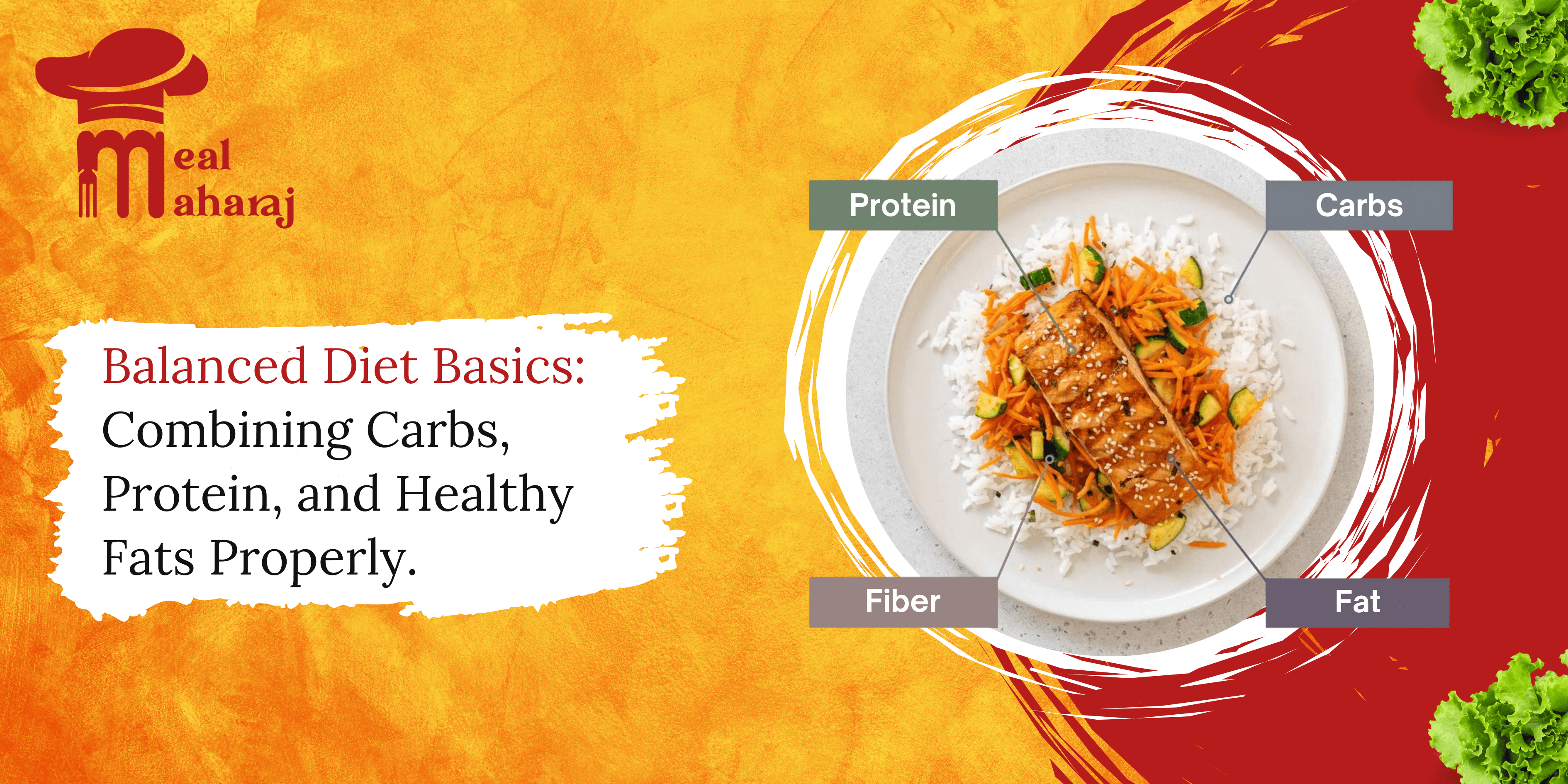 Balanced Diet Basics banner with Indian festive theme and healthy meal illustration