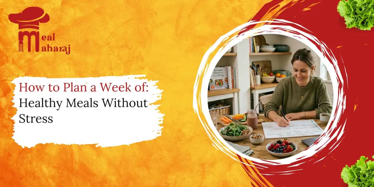 Woman planning healthy weekly meals at a kitchen table with fresh fruits, vegetables, and nutritious food ingredients around her.